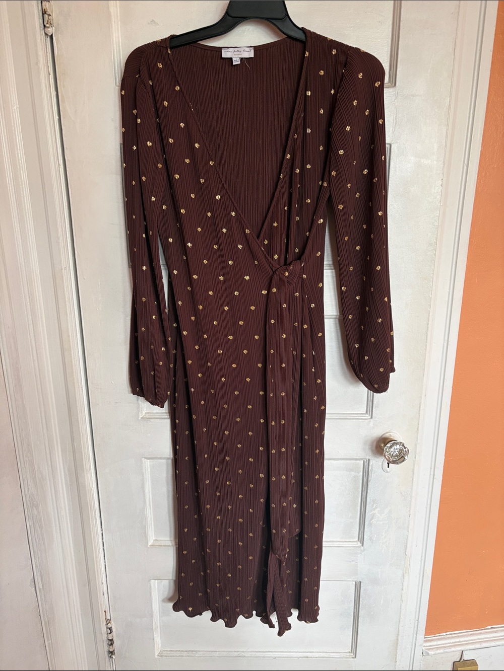 Never Fully Dressed Brown Wrap Dress with Gold Dot Print